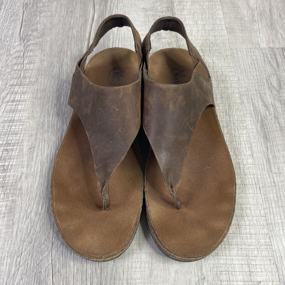 Chaco Womens Wayfarer Post Thong Sandals Toffee Leather Slingback Size 10 EUC M - Picture 3 of 9